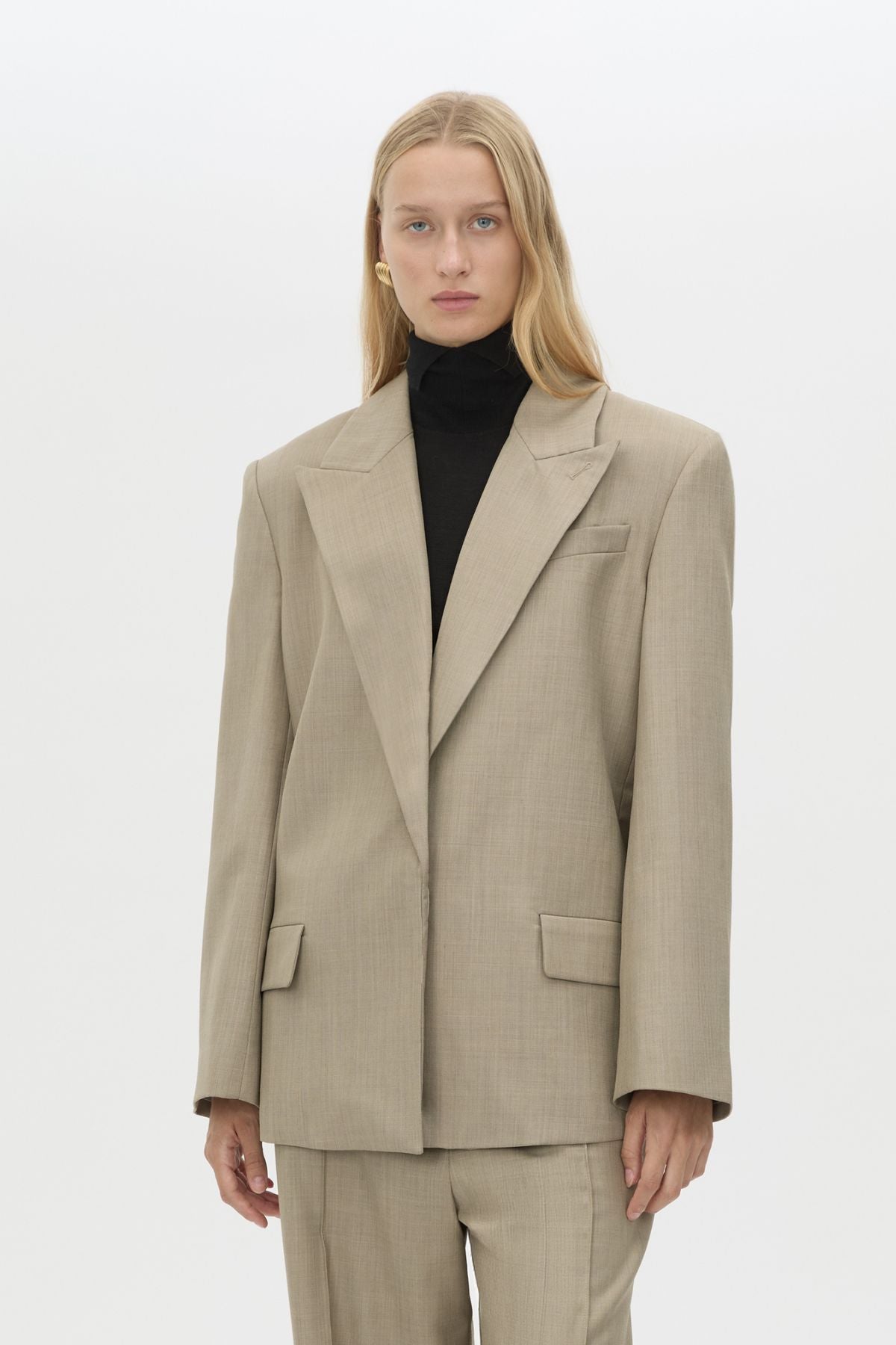 Cropped view CAMILLA AND MARC Seri Blazer in Stone Marle with contrast felt undercollar.