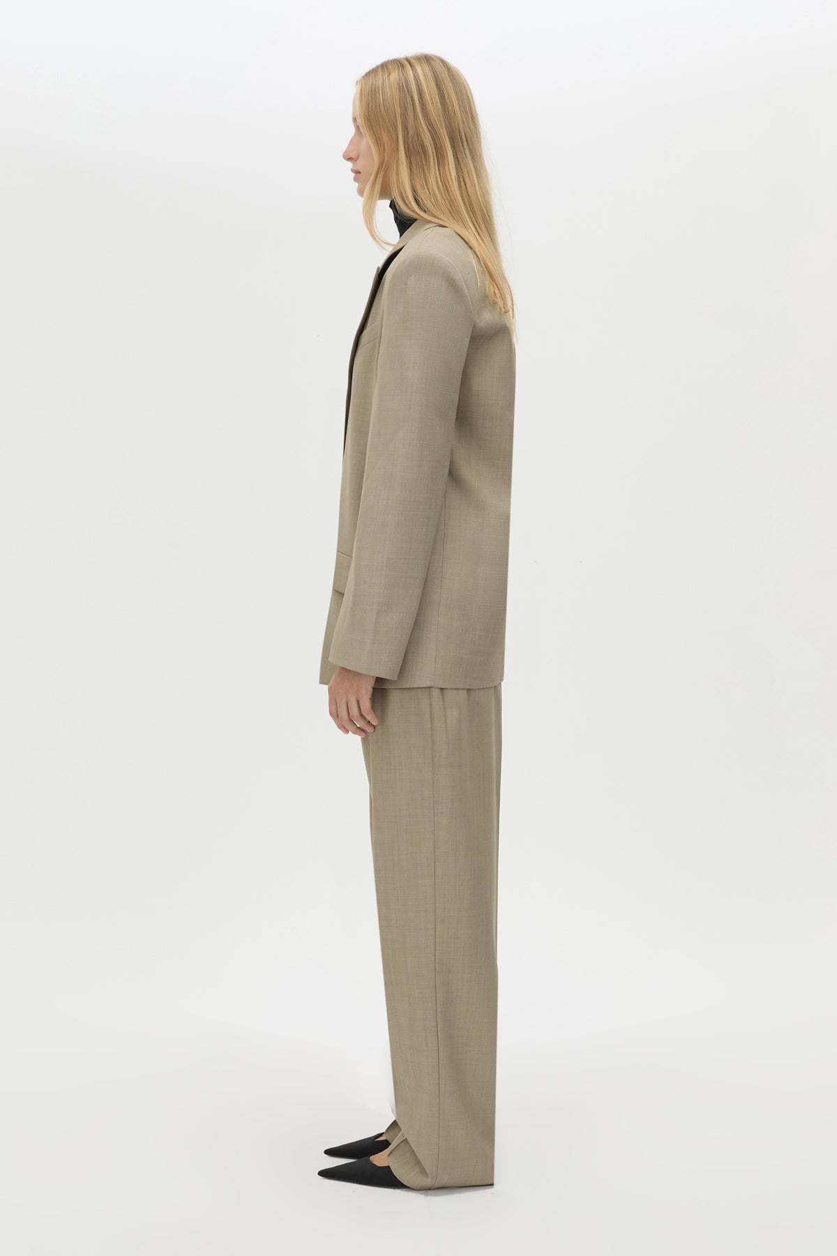 Side view CAMILLA AND MARC Seri Blazer in Stone Marle with contrast felt undercollar.