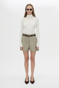 Front styled view CAMILLA AND MARC Seri Tailored Short in Stone Marle with a mid‑rise tailored cut and buckle detail.