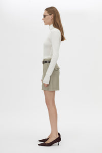 Side view CAMILLA AND MARC Seri Tailored Short in Stone Marle with a mid‑rise tailored cut and buckle detail.