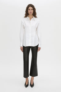 Front-styled view CAMILLA AND MARC Shari Collared Shirt in white with concealed front corozo button placket.