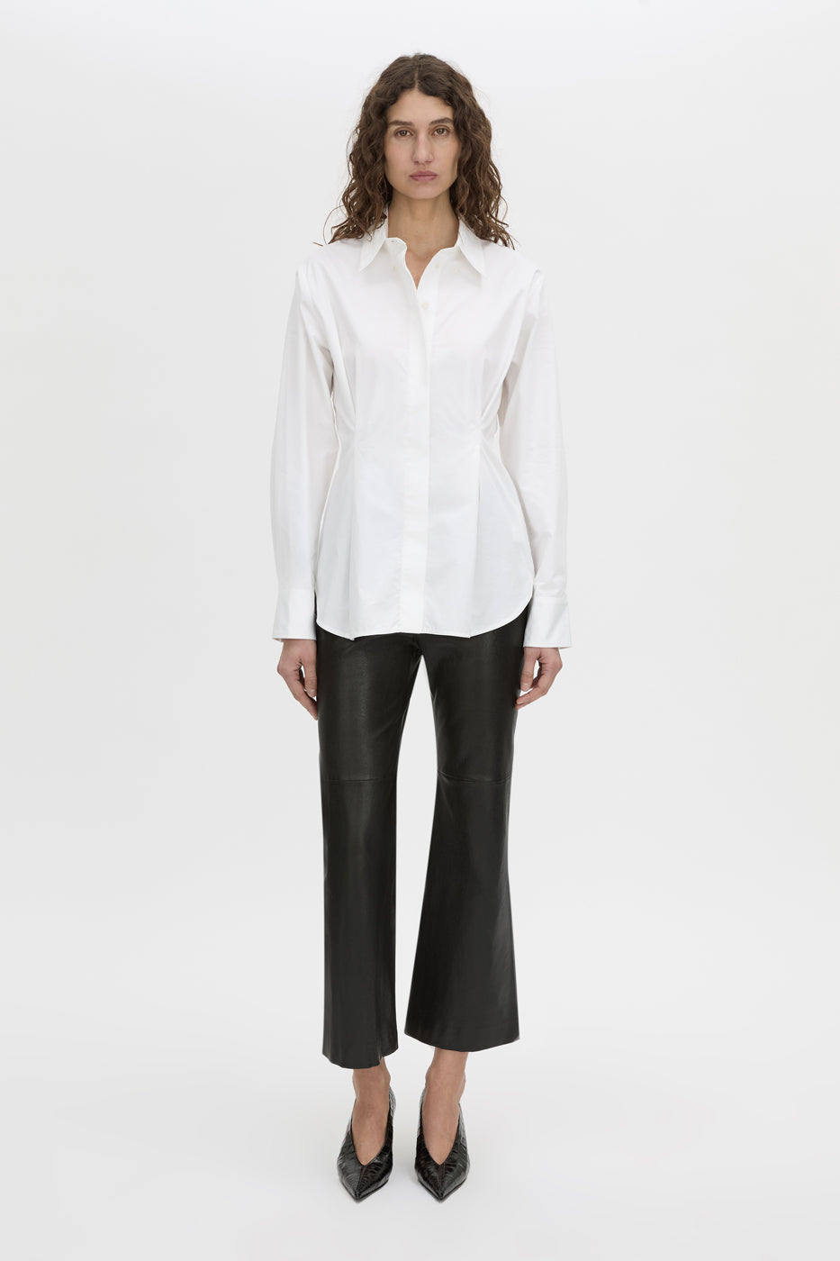 Front-styled view CAMILLA AND MARC Shari Collared Shirt in white with concealed front corozo button placket.