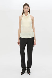 Front-styled view CAMILLA AND MARC Silvie Textured Knit Top in soft white with a cowl halter neckline.