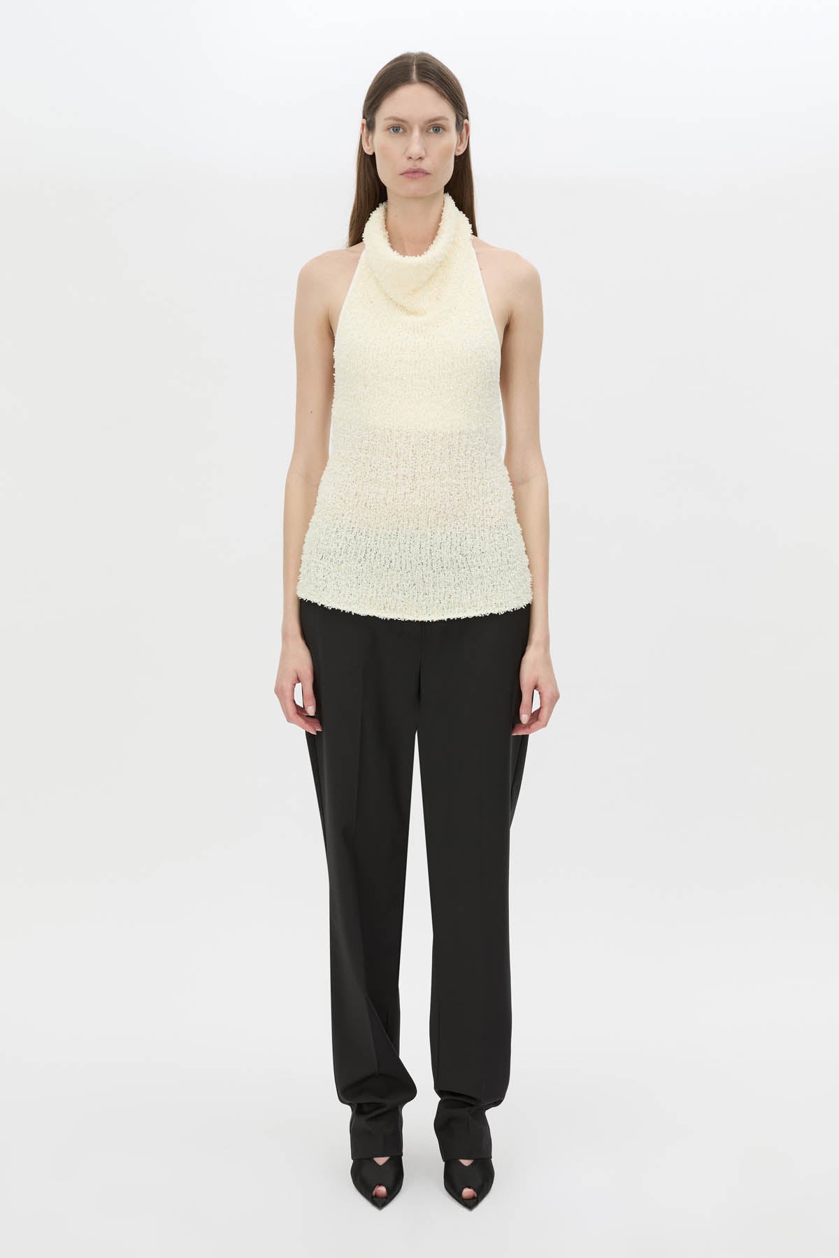 Front view CAMILLA AND MARC Silvie Textured Knit Top in soft white with a cowl halter neckline.