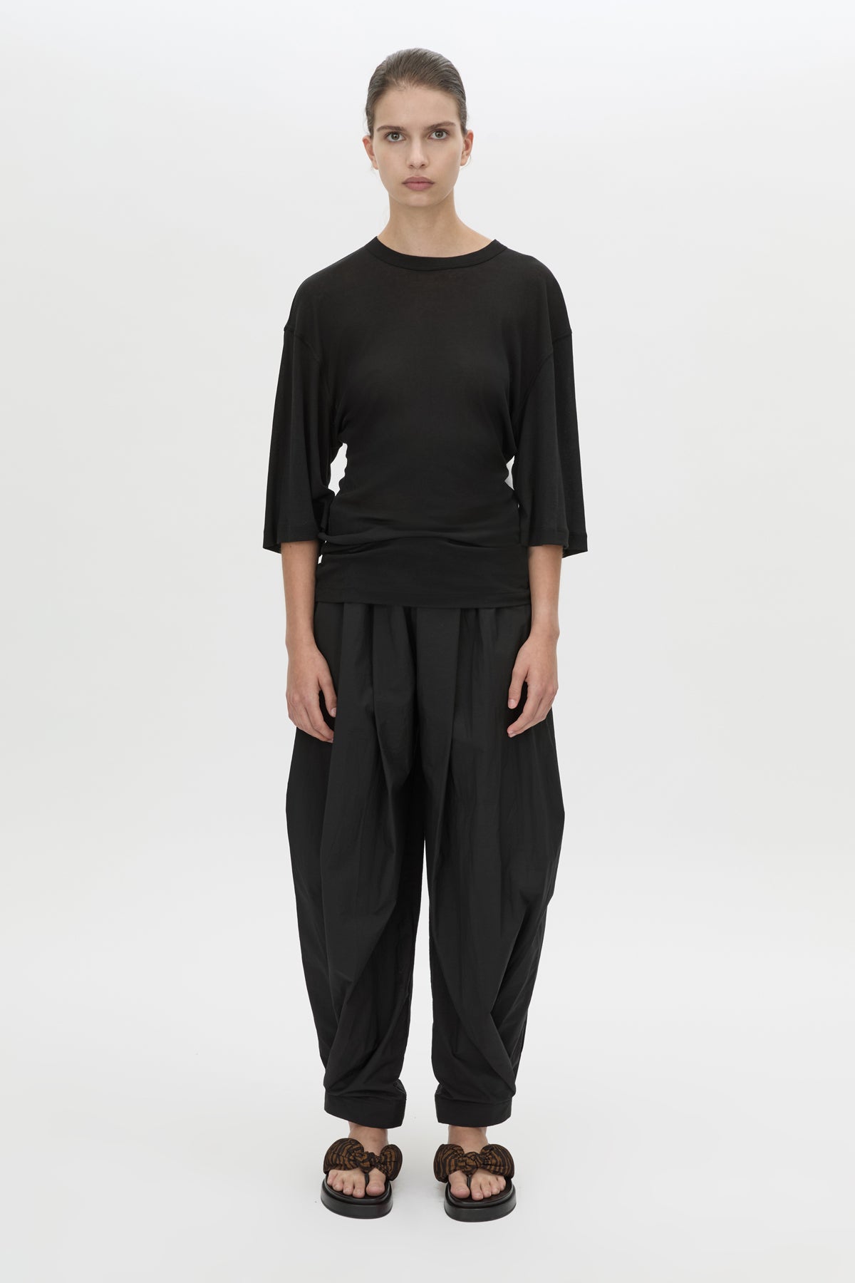 Front view CAMILLA AND MARC relaxed Siona Light Elbow Sleeve Top in black.