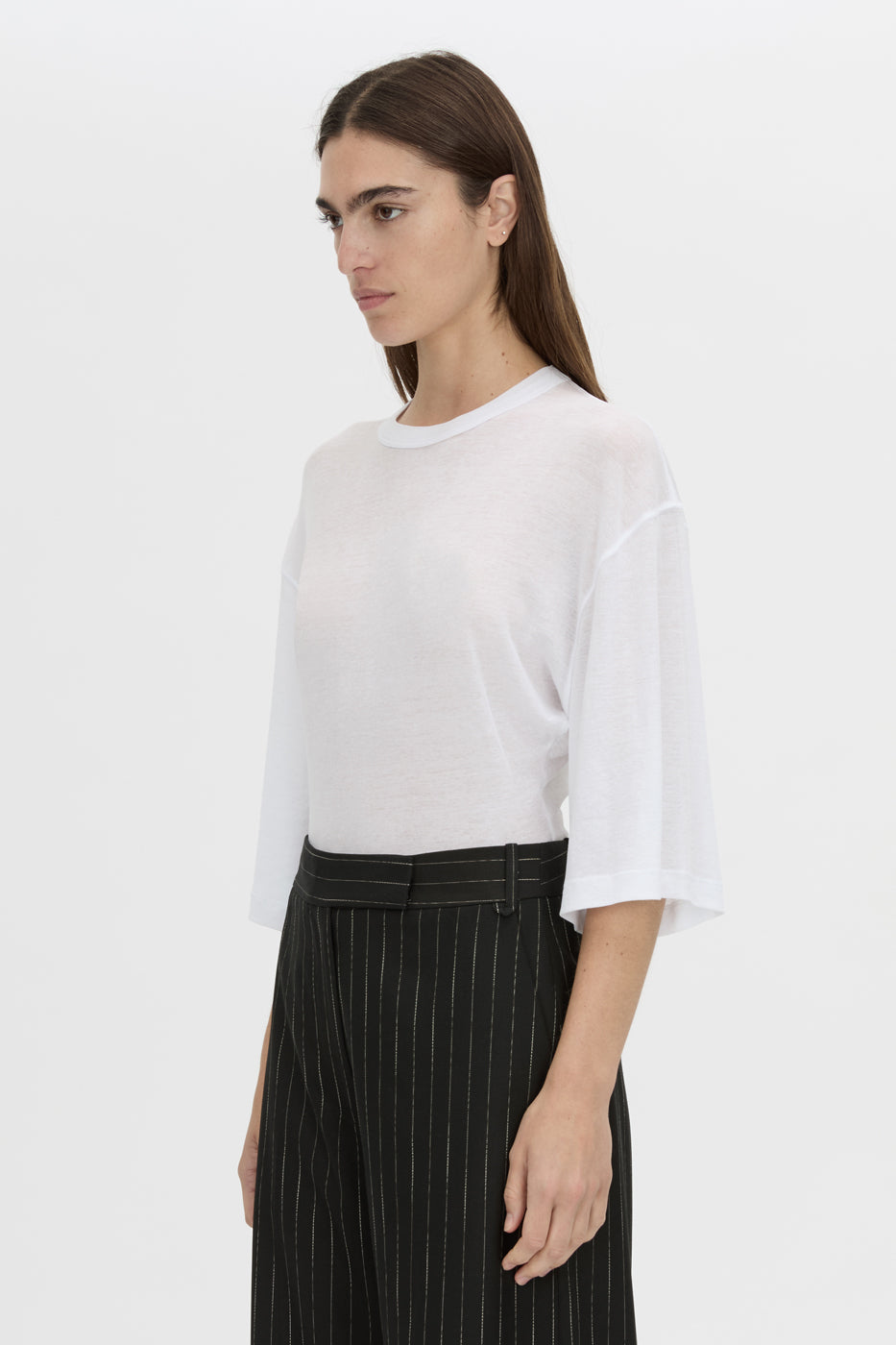 Cropped view CAMILLA AND MARC relaxed Siona Light Elbow Sleeve Top in soft white.