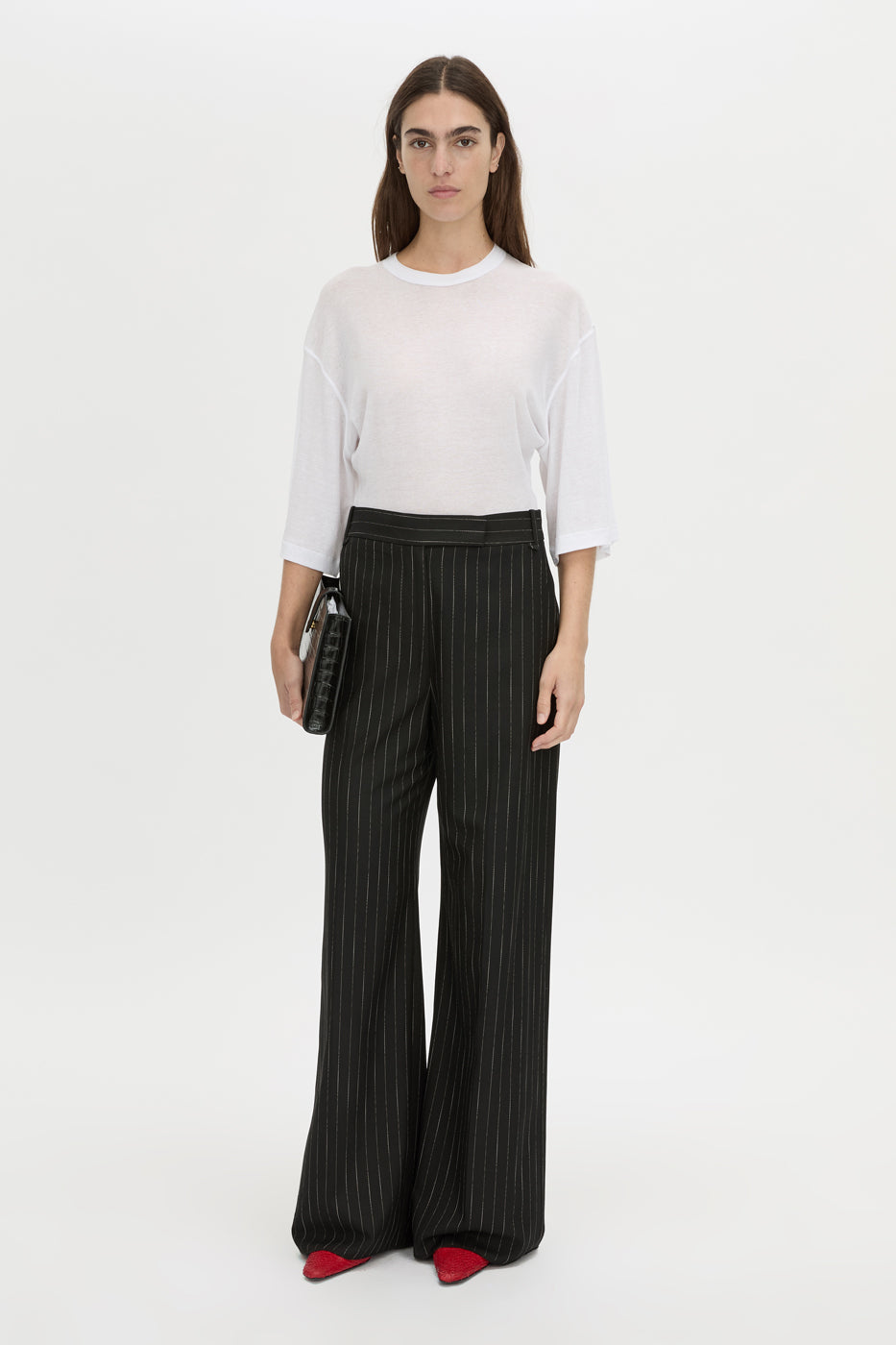 Front-styled view CAMILLA AND MARC relaxed Siona Light Elbow Sleeve Top in soft white.