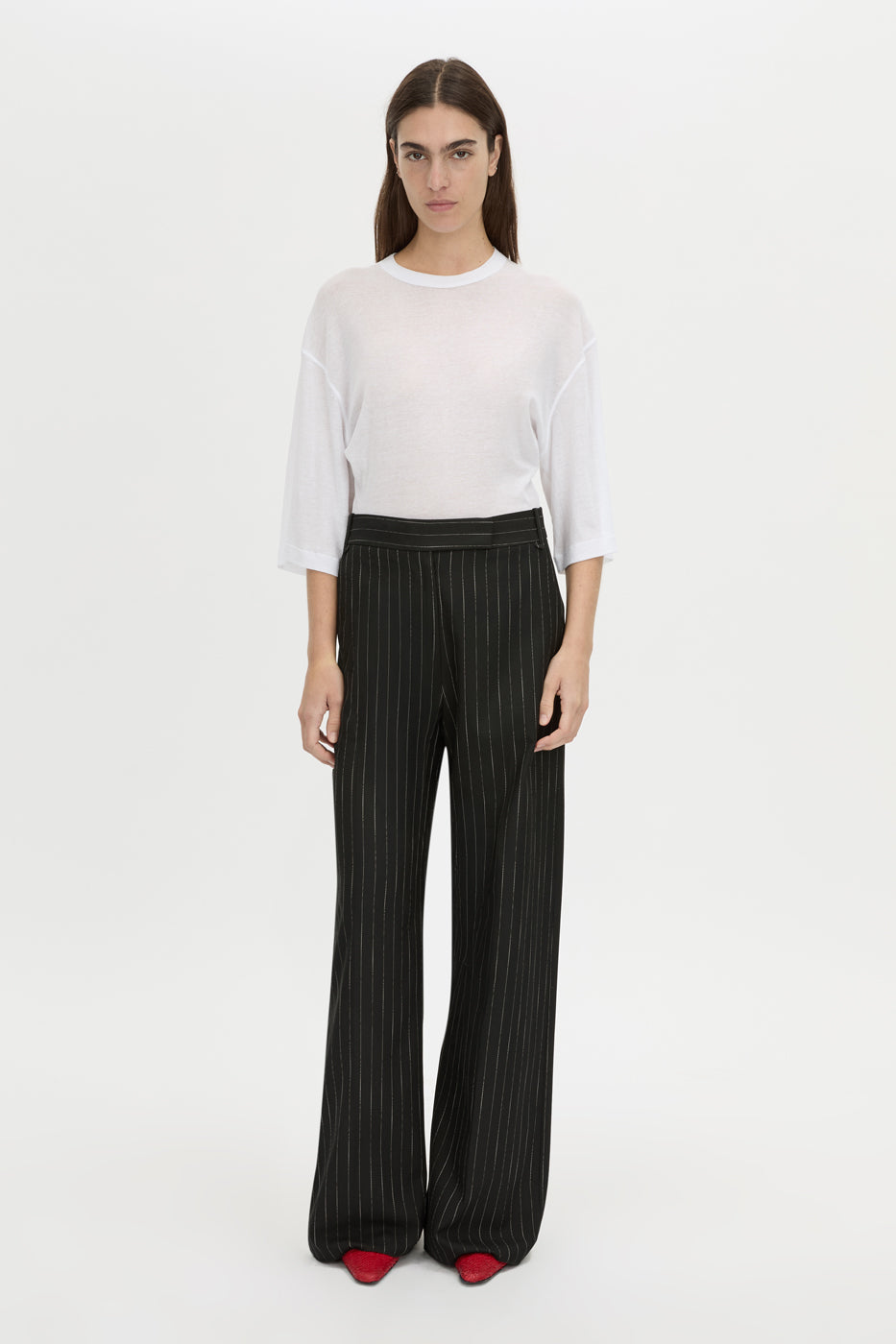 Front view CAMILLA AND MARC relaxed Siona Light Elbow Sleeve Top in soft white.