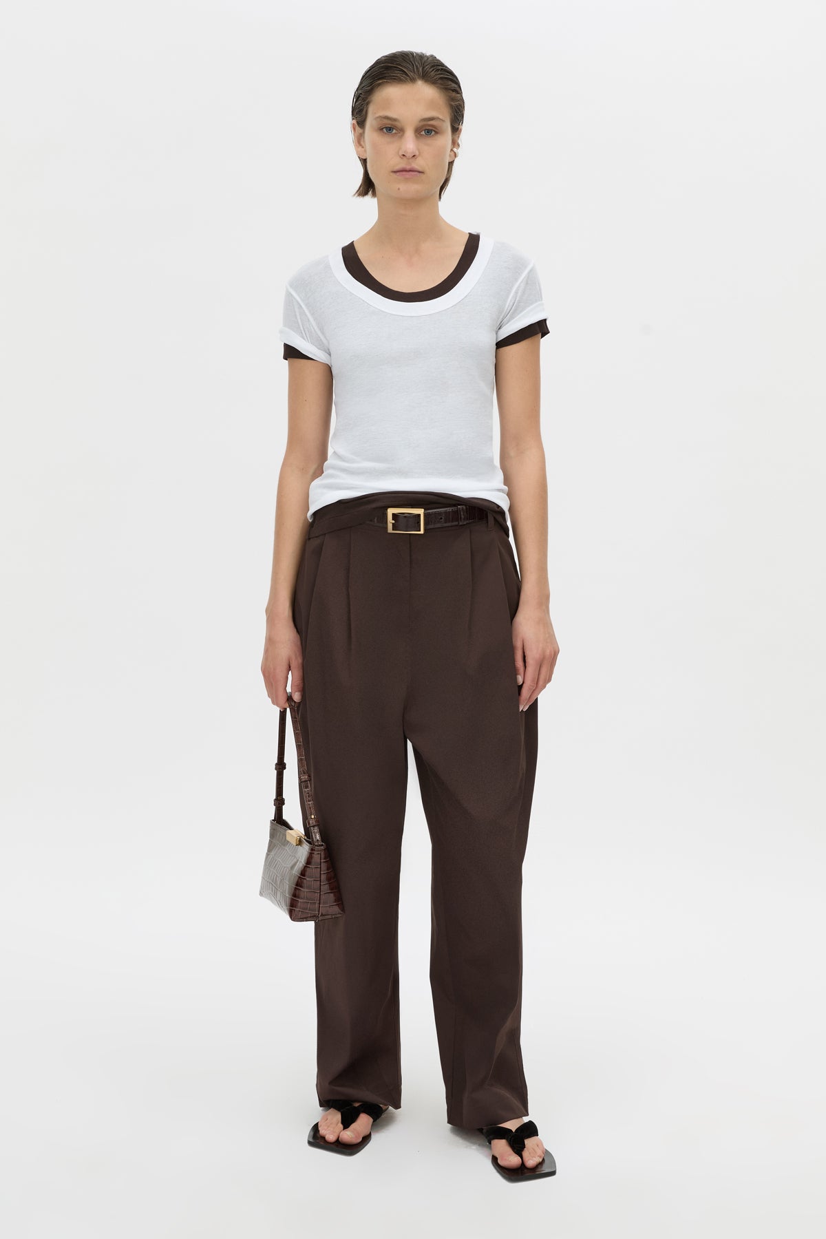 Front-styled-2 view CAMILLA AND MARC Siona Light Weight Fitted Tee in soft white with scoop neckline.