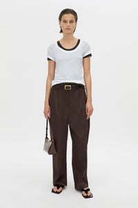 Front-styled-2 view CAMILLA AND MARC Siona Light Weight Fitted Tee in soft white with scoop neckline.
