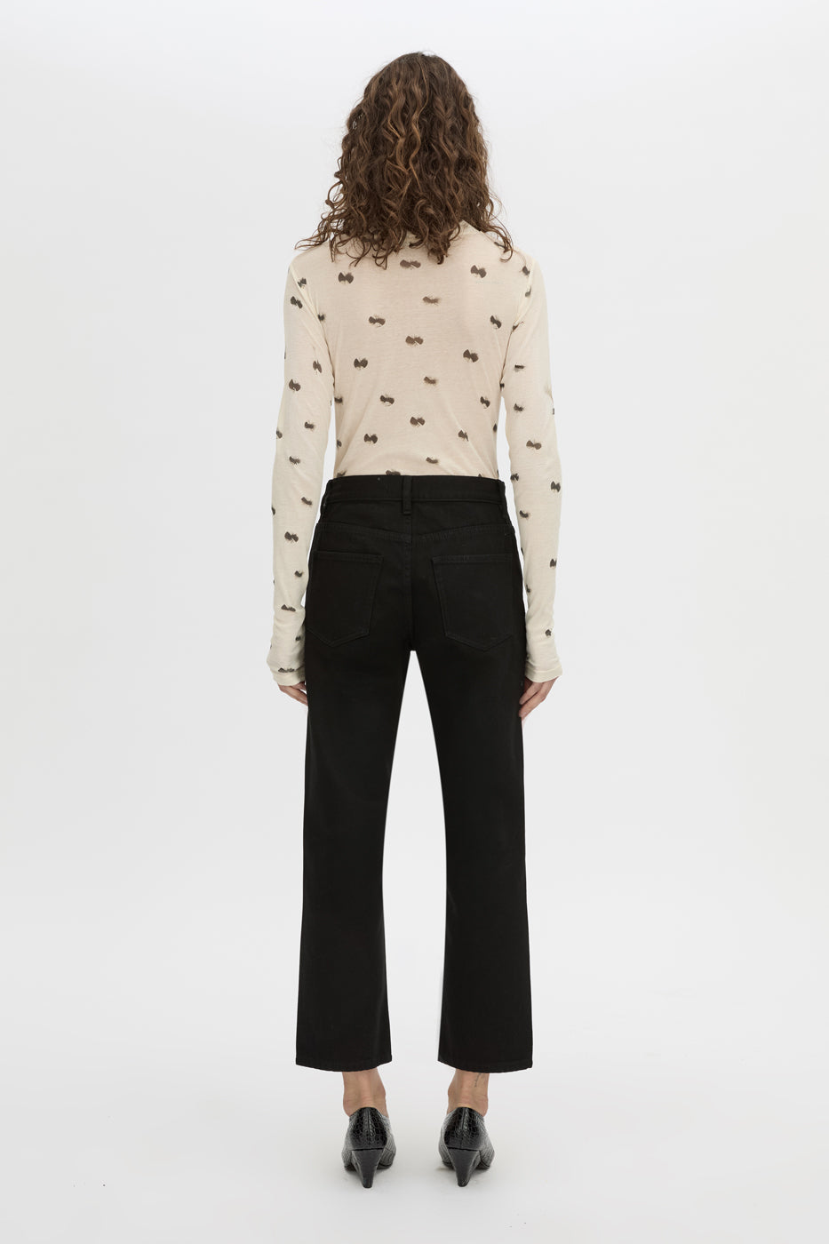 Back view CAMILLA AND MARC Siona Printed Long Sleeve Bodysuit with high‑neckline.