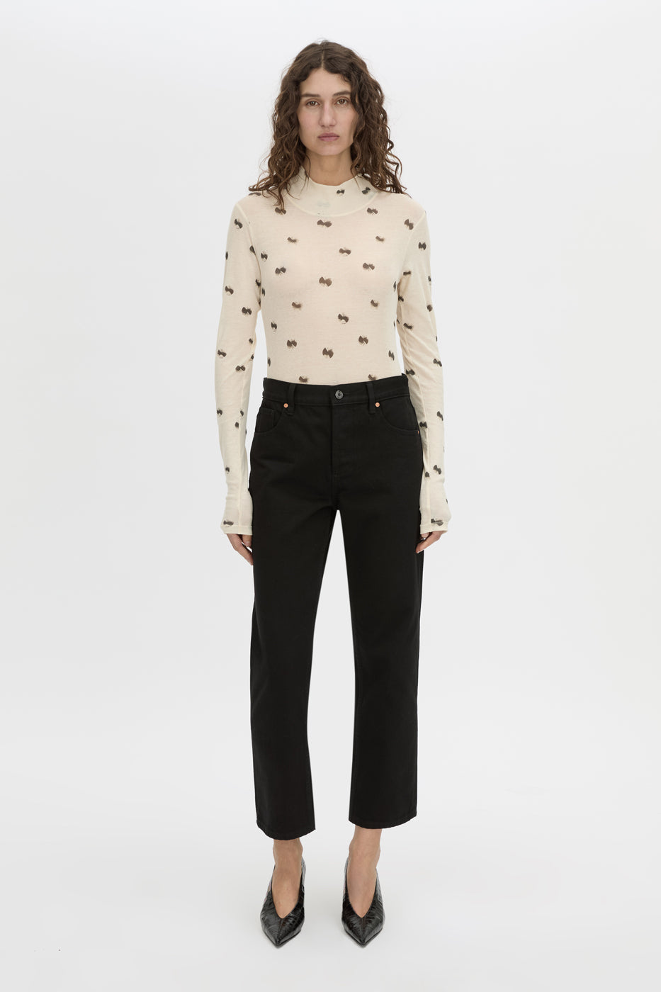 Front styled view CAMILLA AND MARC Siona Printed Long Sleeve Bodysuit with high‑neckline.