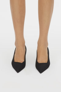 Front view CAMILLA AND MARC Siri Satin Pump in Black, featuring Italian satin with a pointed toe silhouette.