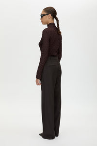 Back view CAMILLA AND MARC Sissil Top in Chocolate with long sleeves and funnel neckline.