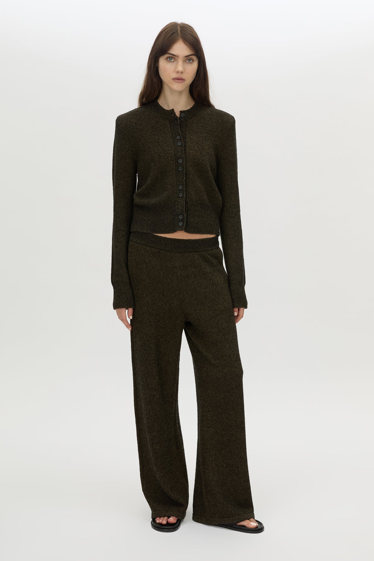Front-styled view CAMILLA AND MARC Soleo Textured Knit Cardigan in cocoa brown.