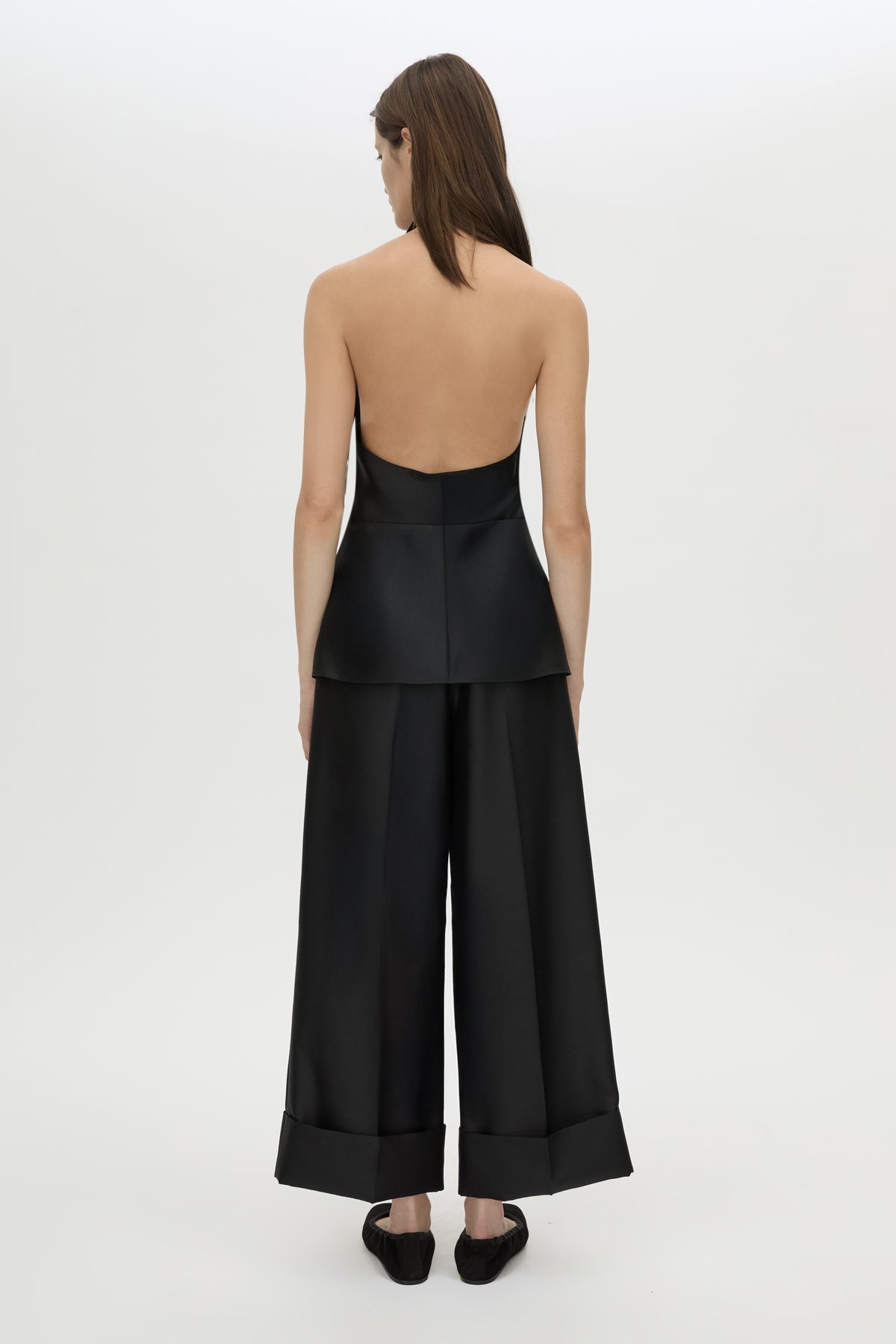 Back view CAMILLA AND MARC Sona Top in black with halter‑neck cowl neckline.