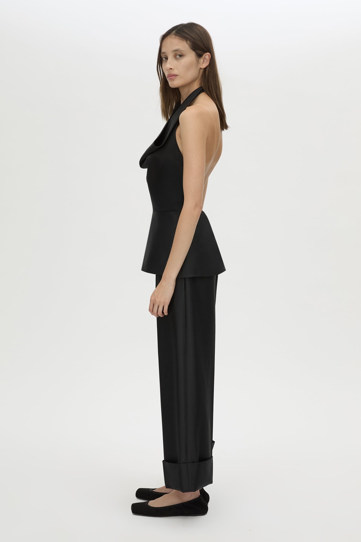 Side view CAMILLA AND MARC Sona Top in black with halter‑neck cowl neckline.