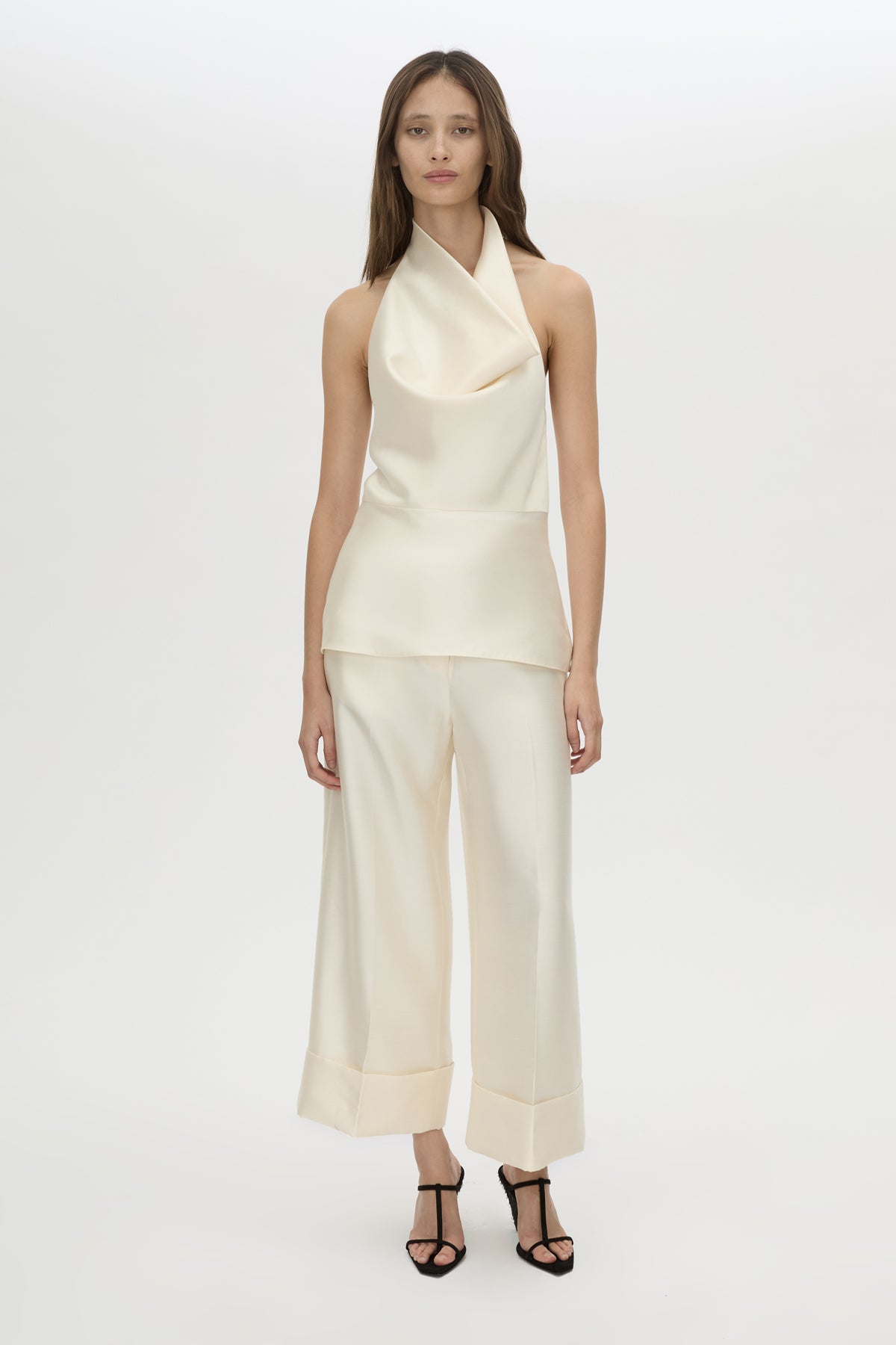 Front view CAMILLA AND MARC Sona Top in cream with halter‑neck cowl neckline.