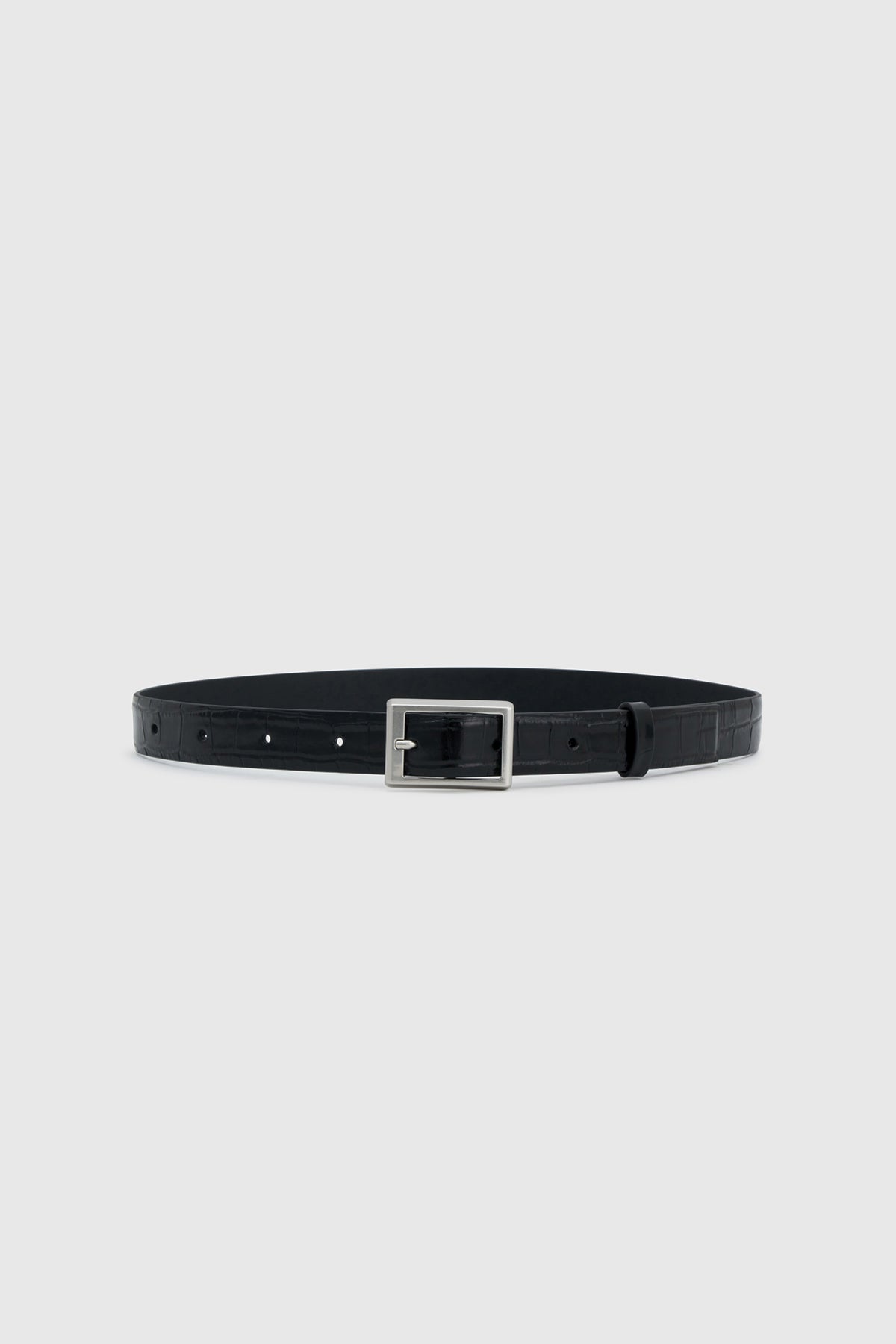 Front view CAMILLA AND MARC Sonny Croc Belt in black leather with textured croc embossing.