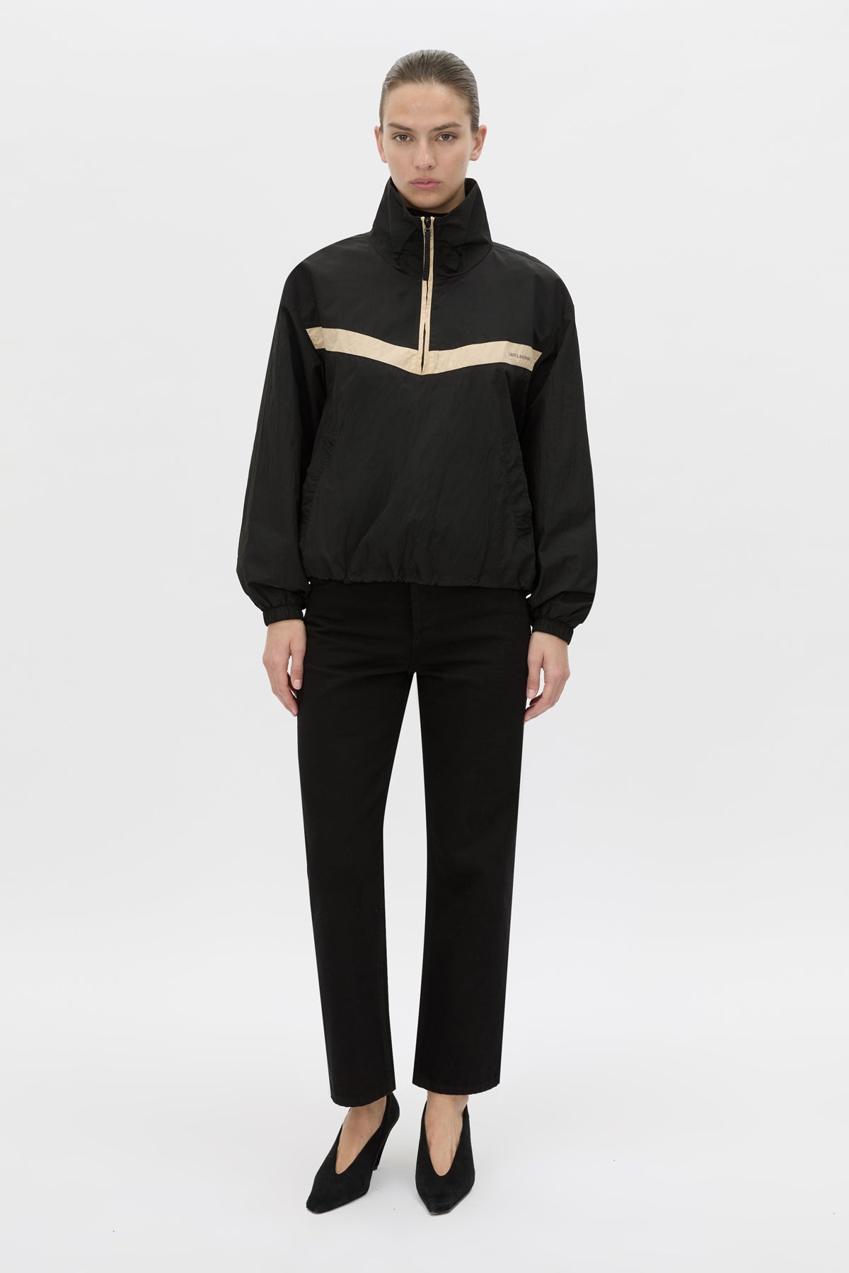 Front-styled view CAMILLA AND MARC Storm Colour Block Pullover in black and bone.