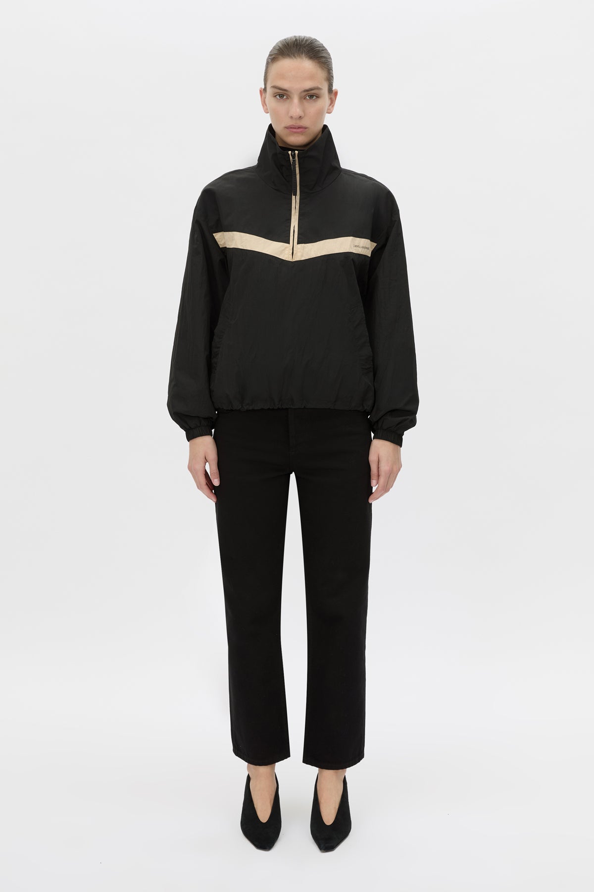 Front view CAMILLA AND MARC Storm Colour Block Pullover in black and bone.