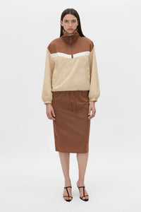 Front-styled view CAMILLA AND MARC Storm Colour Block Pullover in mocha and bone.
