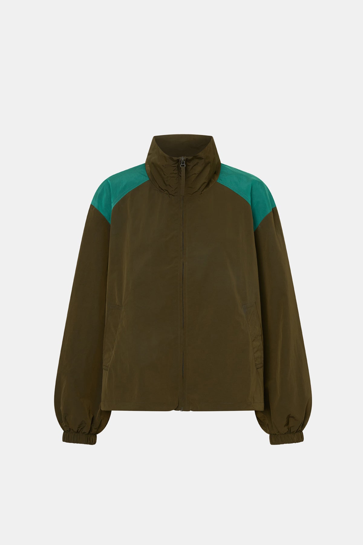 Ghost view CAMILLA AND MARC Storm Colour Block Anorak in khaki emerald with contrast shoulder panels and a funnel neckline.