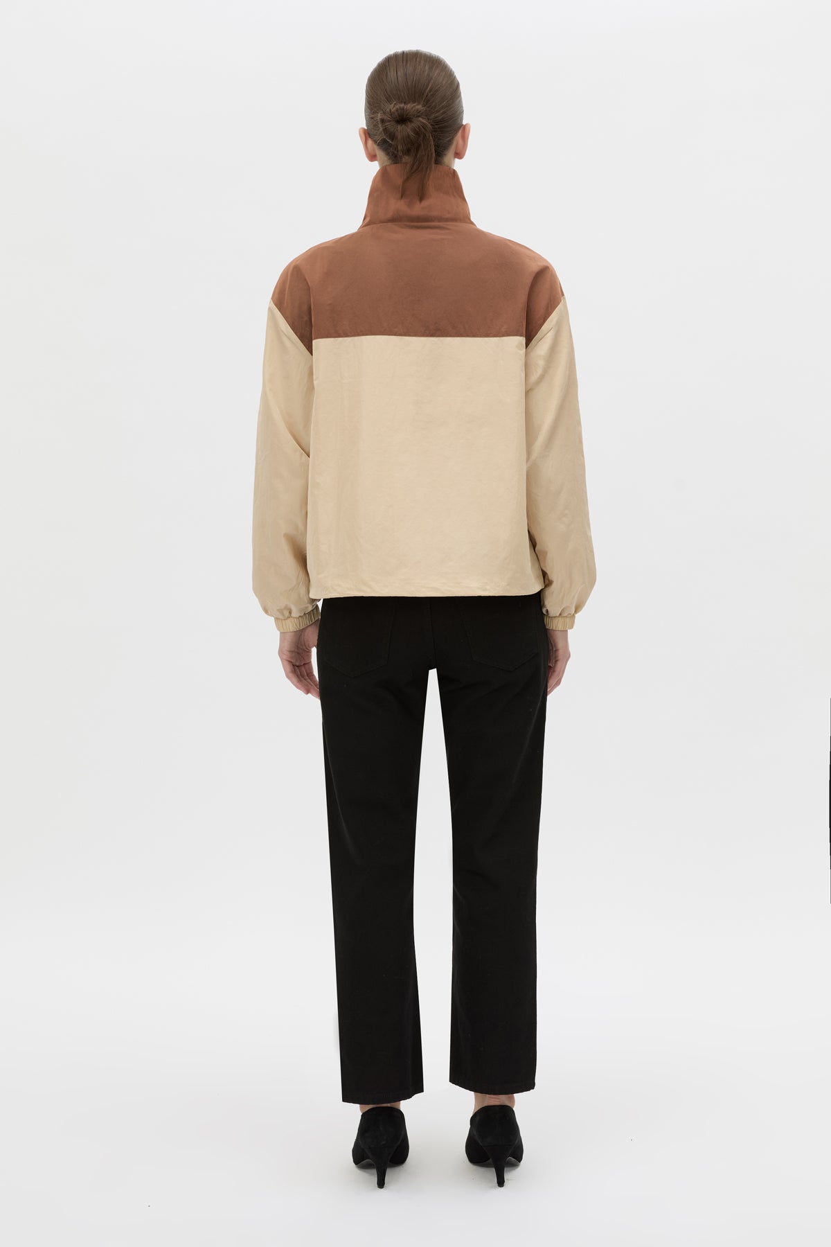 Back view CAMILLA AND MARC Storm Colour Block Pullover in mocha and bone.