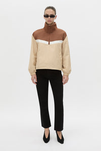Front-styled view CAMILLA AND MARC Storm Colour Block Pullover in mocha and bone.