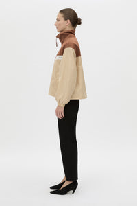 Side view CAMILLA AND MARC Storm Colour Block Pullover in mocha and bone.
