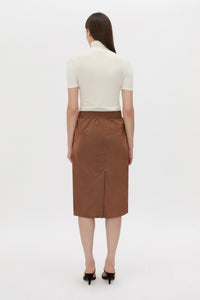 Back view CAMILLA AND MARC Storm Midi Skirt in mocha with an elasticated waistband, slanted side pockets and a back vent.
