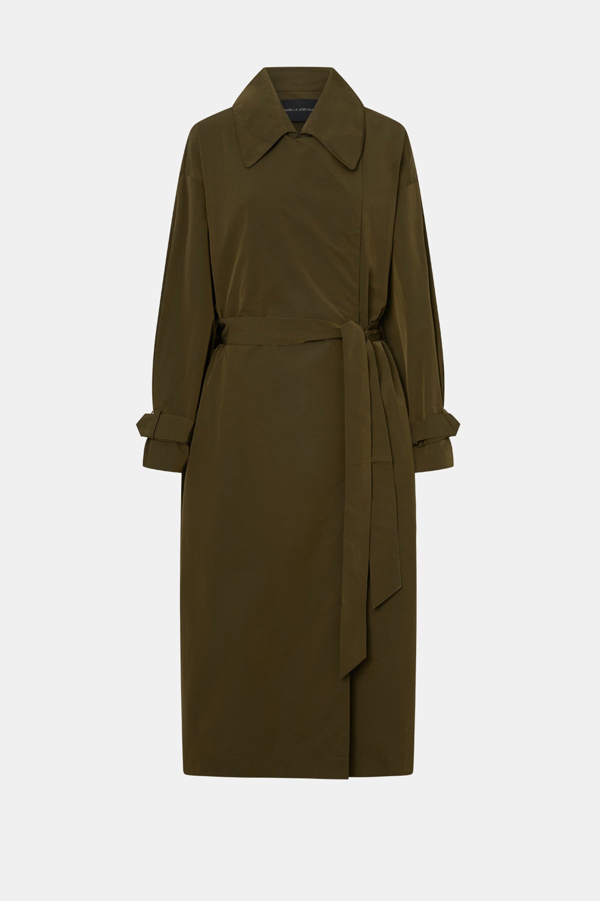 Ghost view CAMILLA AND MARC Storm Trench Coat in khaki with concealed snap fastenings, in seam pockets and a self tie belt with sleeve straps.