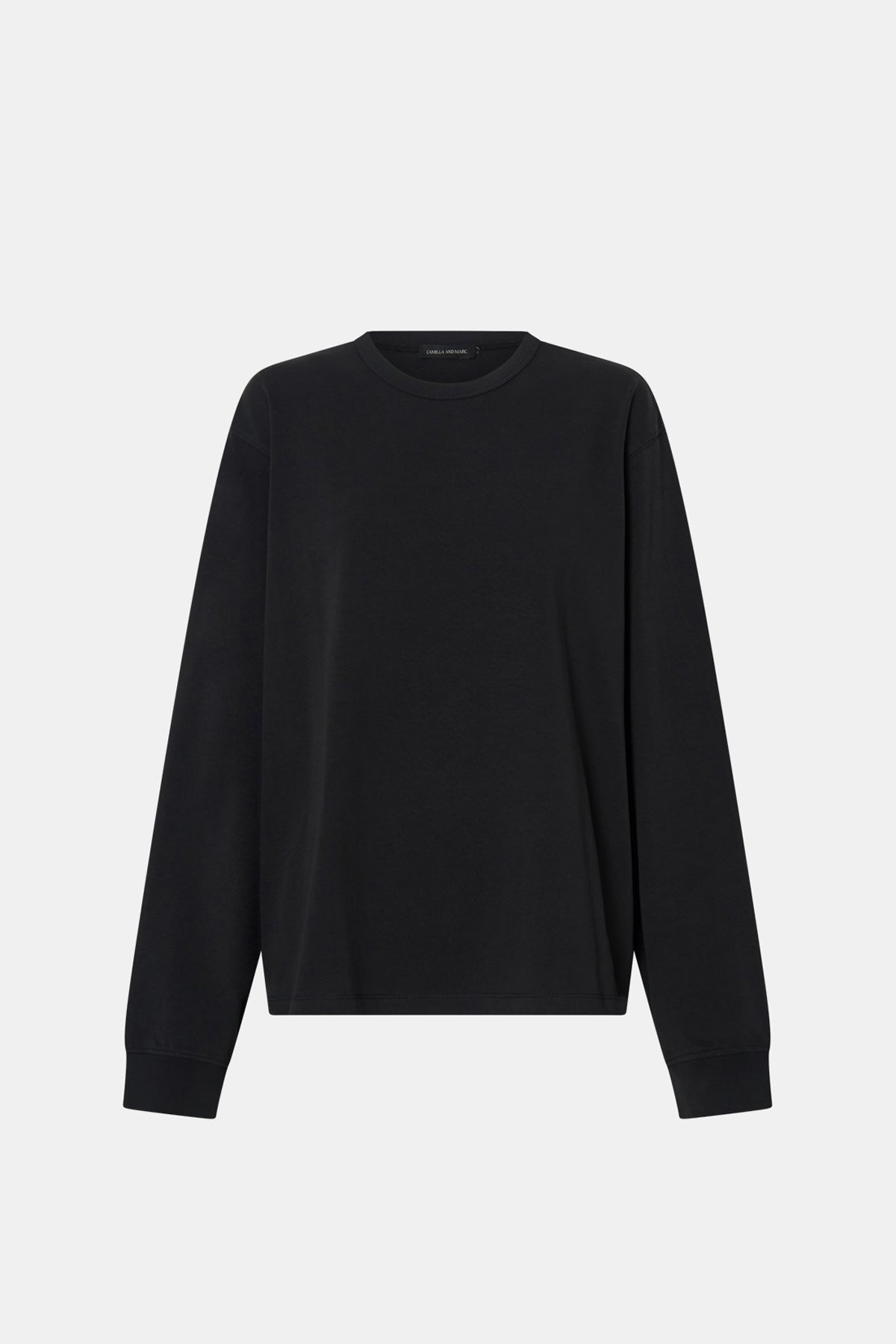 Ghost view CAMILLA AND MARC Studio Graphic Long Sleeve Top in Grey with boucle embroidered monogram.  