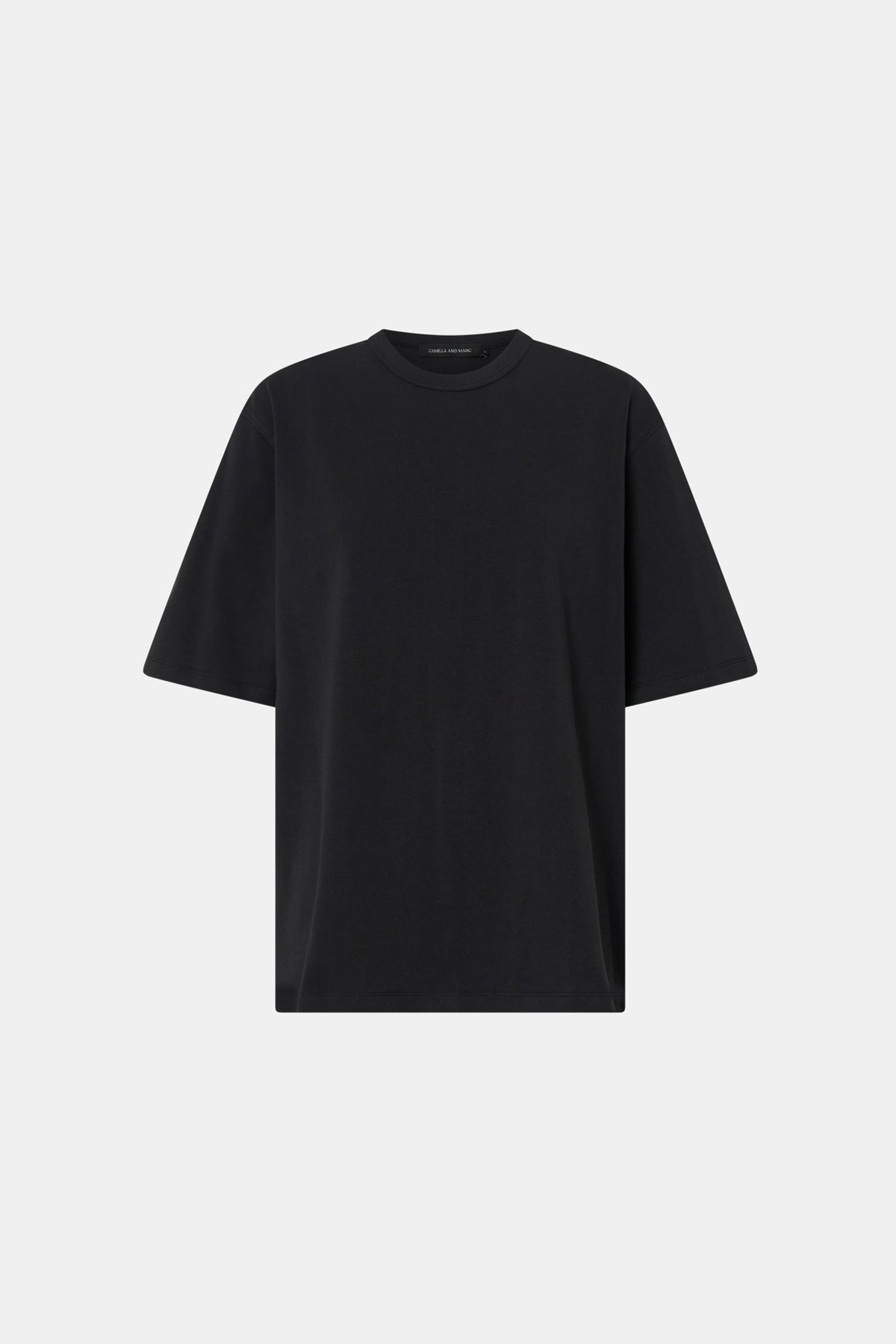 Ghost view CAMILLA AND MARC Studio Graphic Tee in Grey with short sleeves and boucle embroidered monogram.  