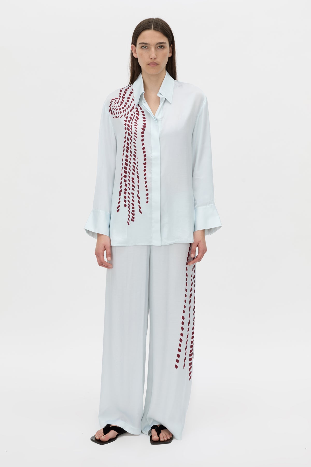 Front-styled view CAMILLA AND MARC Suri Long Sleeve Shirt in blue suri print.