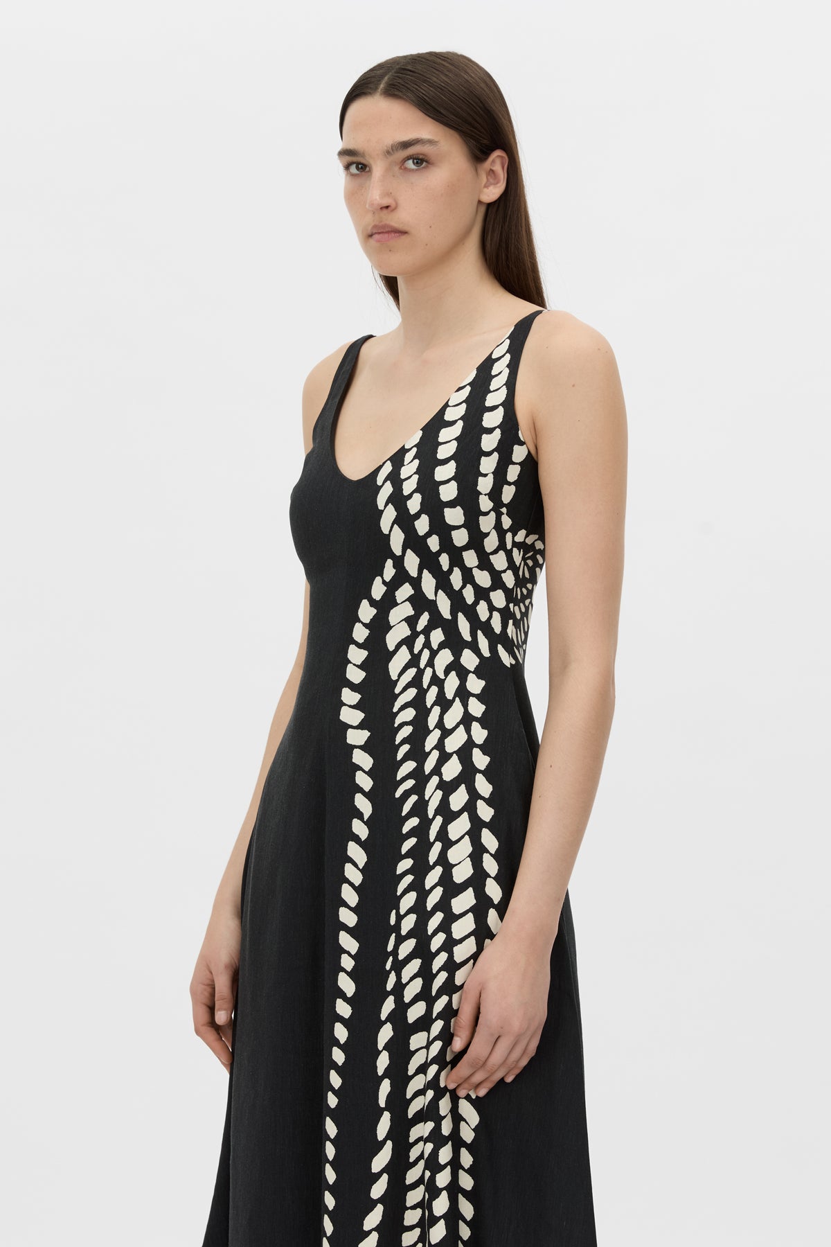 Cropped view CAMILLA AND MARC Suri Midi Dress in black Suri print with a scooped neckline.