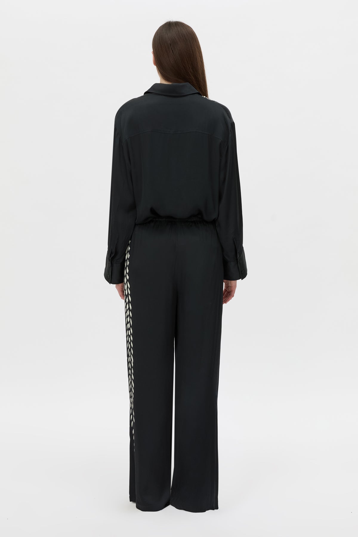 Back view CAMILLA AND MARC Suri Wide-Leg Pant in black suri print with mid‑rise fit.