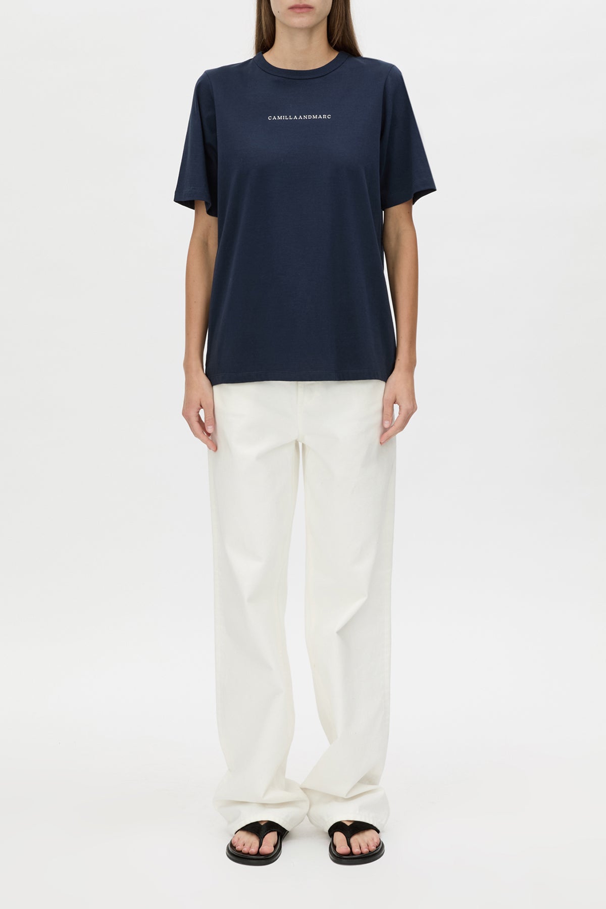 Suvero Logo Tee - CAMILLA AND MARC Suvero relaxed printed navy cotton t-shirt with a centre front contrast logo