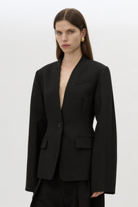 Cropped view CAMILLA AND MARC Tala Fitted Collarless Blazer in Black with single‑breasted closure, curved sleeves 