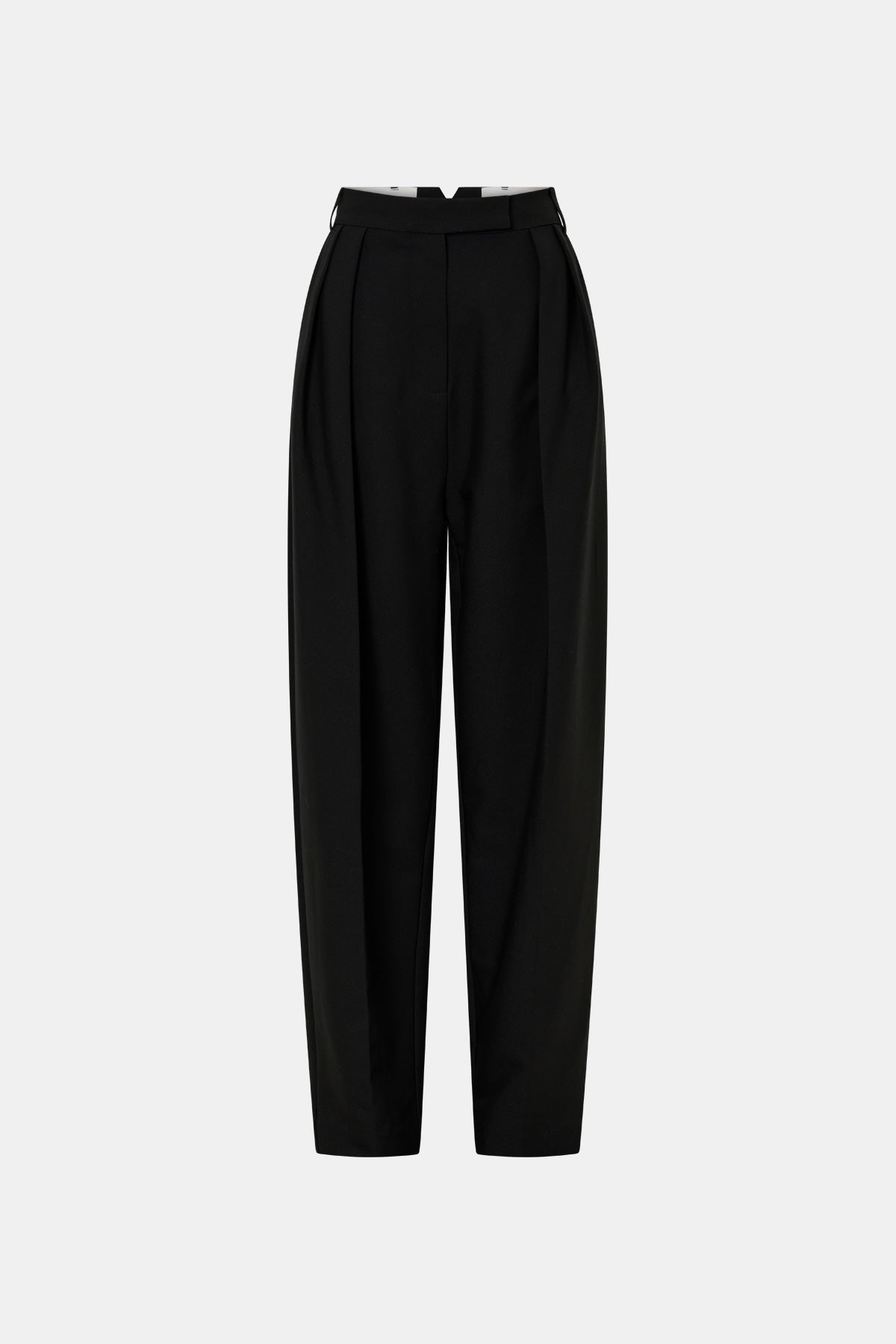 Ghost view CAMILLA AND MARC Tala Double Pleat Barrel Leg Pant in Black with pressed tapered legs.