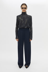 Front styled view CAMILLA AND MARC Talice Bodysuit in Printed Black with a high fitted neckline.