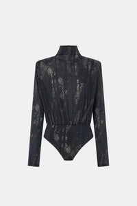 Ghost view CAMILLA AND MARC Talice Bodysuit in Printed Black with a high fitted neckline.
