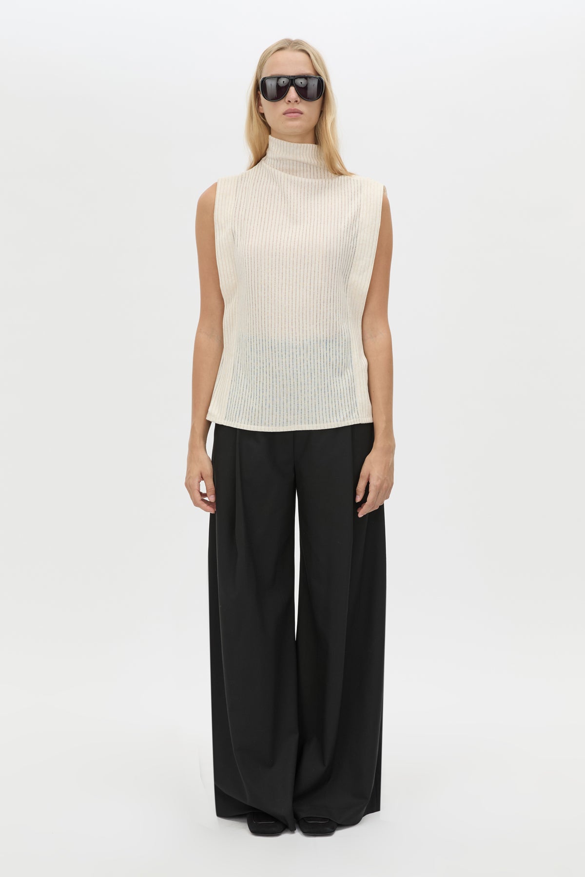 Front styled view CAMILLA AND MARC Talo Jersey Top in Cream with a boxy sleeveless cut.