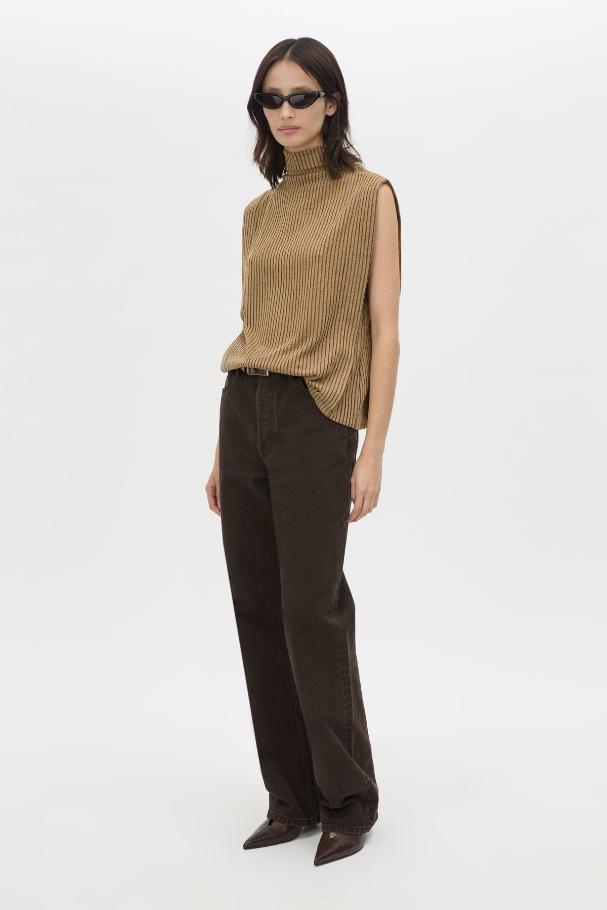 Three-quarter view CAMILLA AND MARC Talo Jersey Top in Tan with a boxy sleeveless cut.