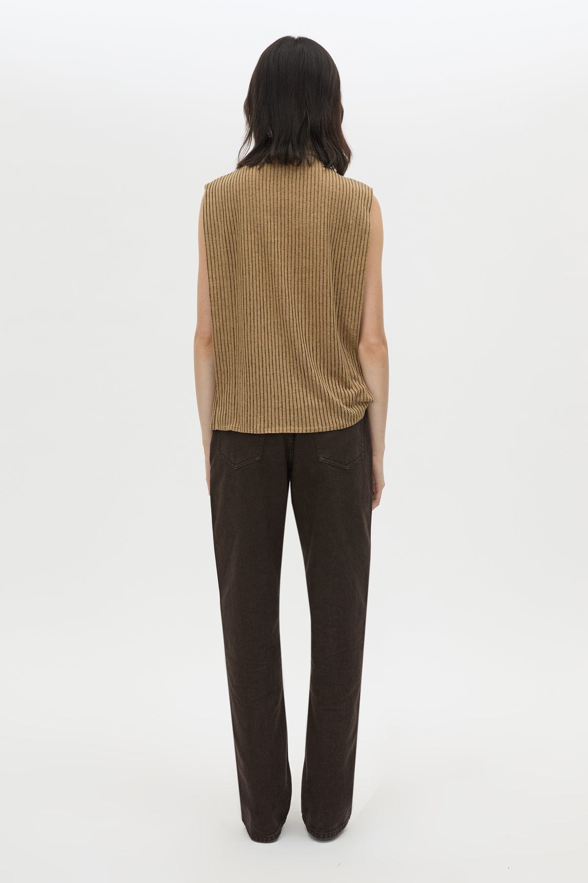 Back view CAMILLA AND MARC Talo Jersey Top in Tan with a boxy sleeveless cut.