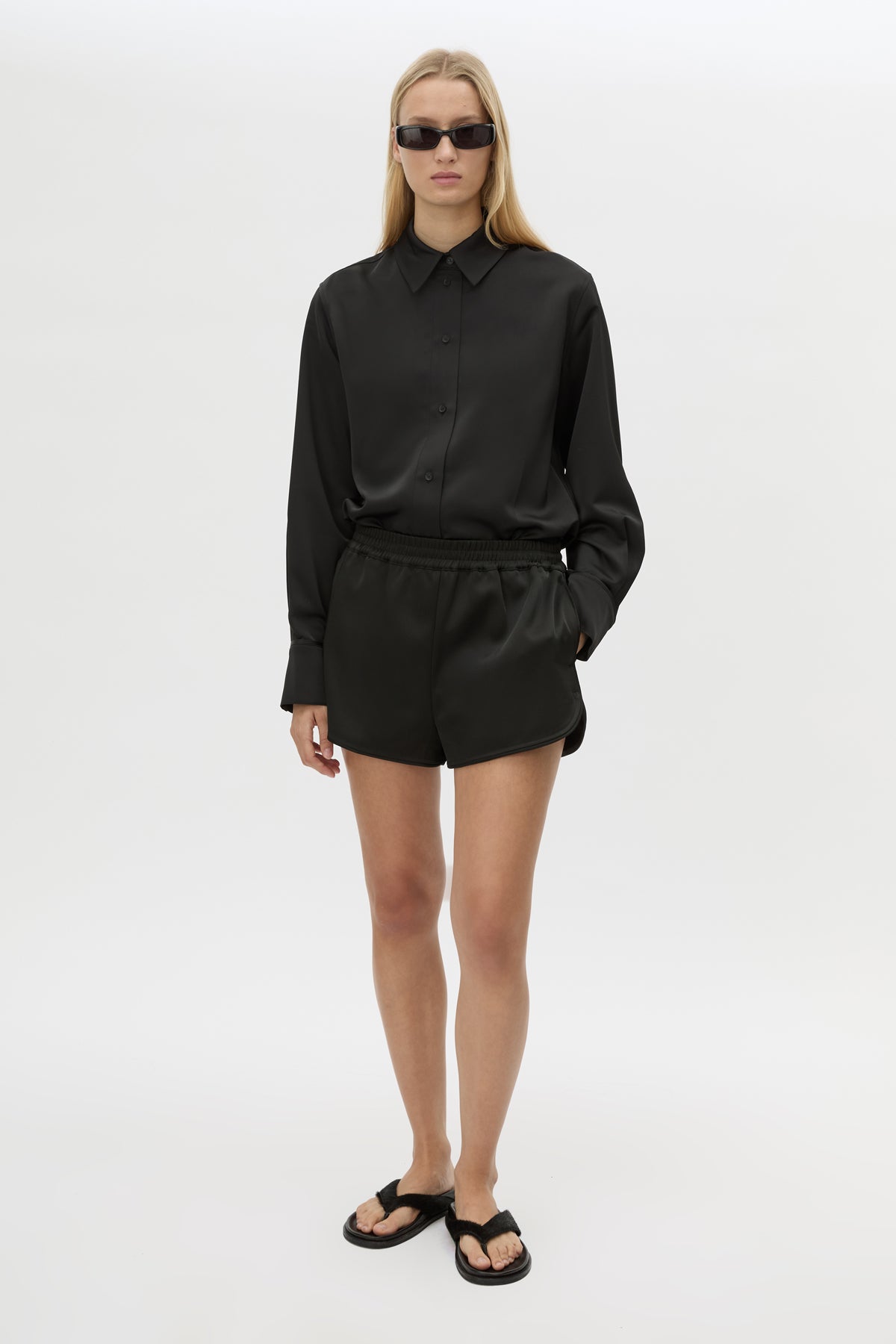 Front view CAMILLA AND MARC Tamar Mini Short in Black with relaxed fit and elasticated waistband.