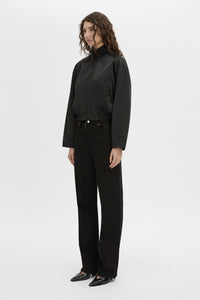 Side view CAMILLA AND MARC Tamar Satin Bomber Jacket in black with double‑ended zipper.