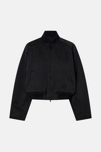 Ghost view CAMILLA AND MARC Tamar Satin Bomber Jacket in Black with front zipper.