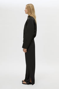Side view CAMILLA AND MARC Tamar Satin Bomber Jacket in Black with front zipper.