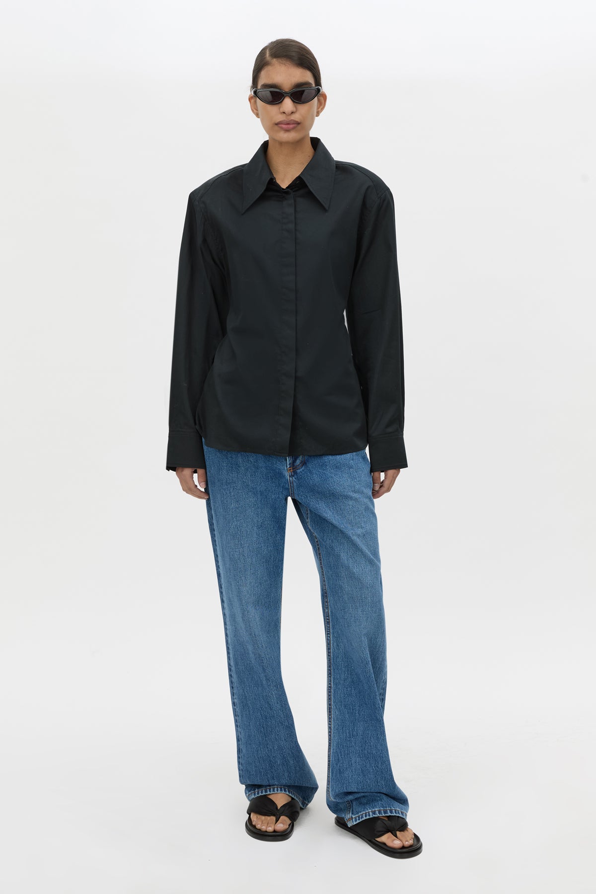 Front View - CAMILLA AND MARC Tarn Fitted Long Sleeve Shirt in black with removable shoulder pads. 